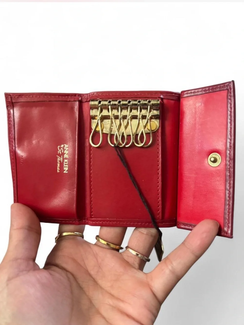 Vintage Anne Klein for St.Thomas Red leather trifold wallet and key holder bundl